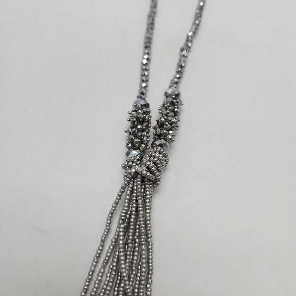 Sparkling Silver Beaded Tassel Necklace Faceted Beads Intricate Knot Design - Picture 4 of 7